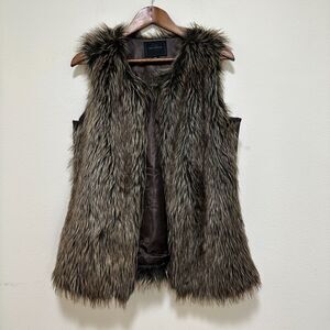 Miss‎ London Faux Fur Vest Womens Large Brown Faux Leather Side Trim